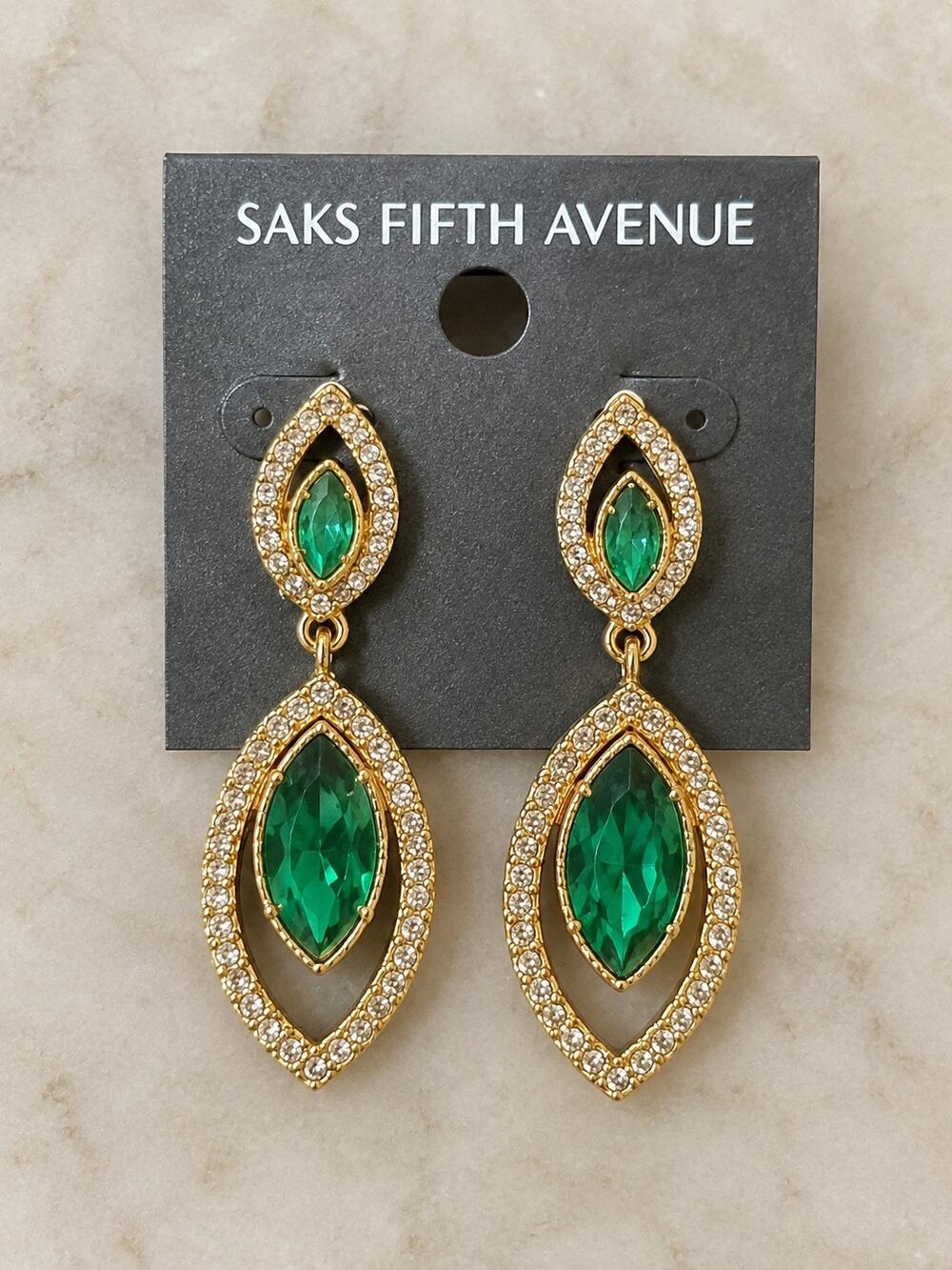 Saks fifth Avenue drop dangle green gold statement earrings formal sparkly gift